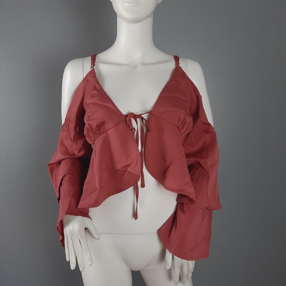 Honey Belle Womens Cold Shoulder Crop Top Size Small Rose Pink Tie Front